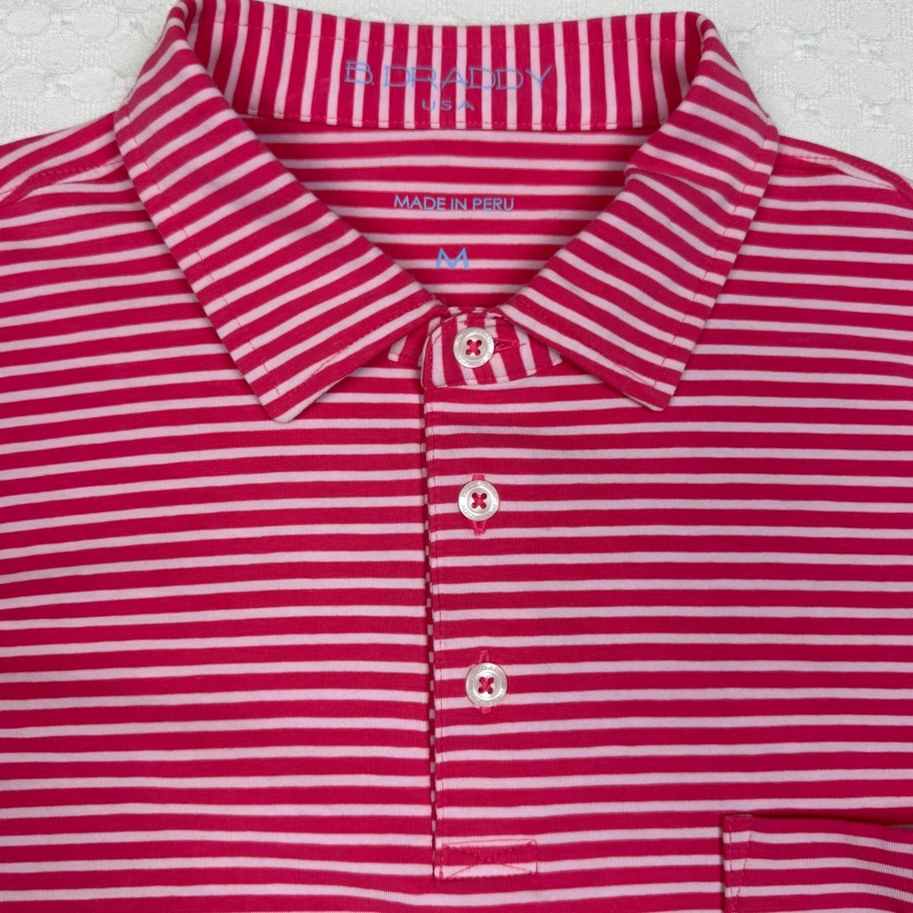B. Draddy Polo Shirt Striped Golf Performance Men M Pink-Red Pima Cotton Stretch